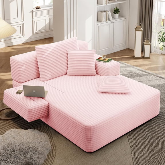 60.2" Oversized Chaise Lounge Chair, Boneless Corduroy Cloud Couch, Deep Seat Convertible Sofa Bed with 3 Pillows, Wide Armrests, Side Pocket, No Assembly (Pink)