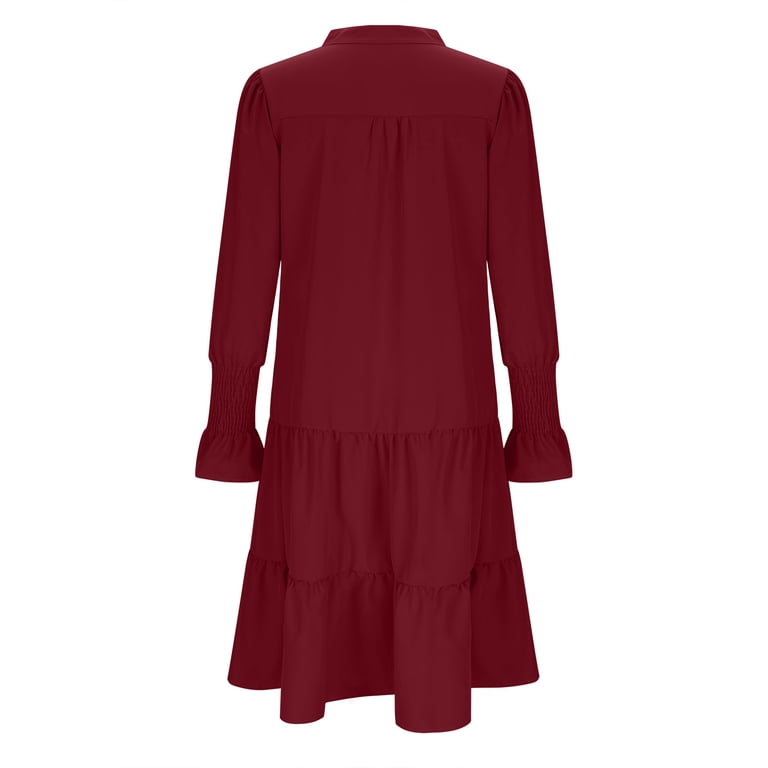 Club Dresses for Women Women's Summer Comfort Fashion Fold Solid Color Long  Sleeve Round-Neck Dress Maxi Fall Dress S-148 Wine XL - Walmart.com