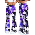 thumbnail image 4 of Yuanlook Women's Watercolor Floral Print Flare Pants, Elastic High Waist Bell Bottom Trousers with Hand Pockets, S-XXL, 4 of 7