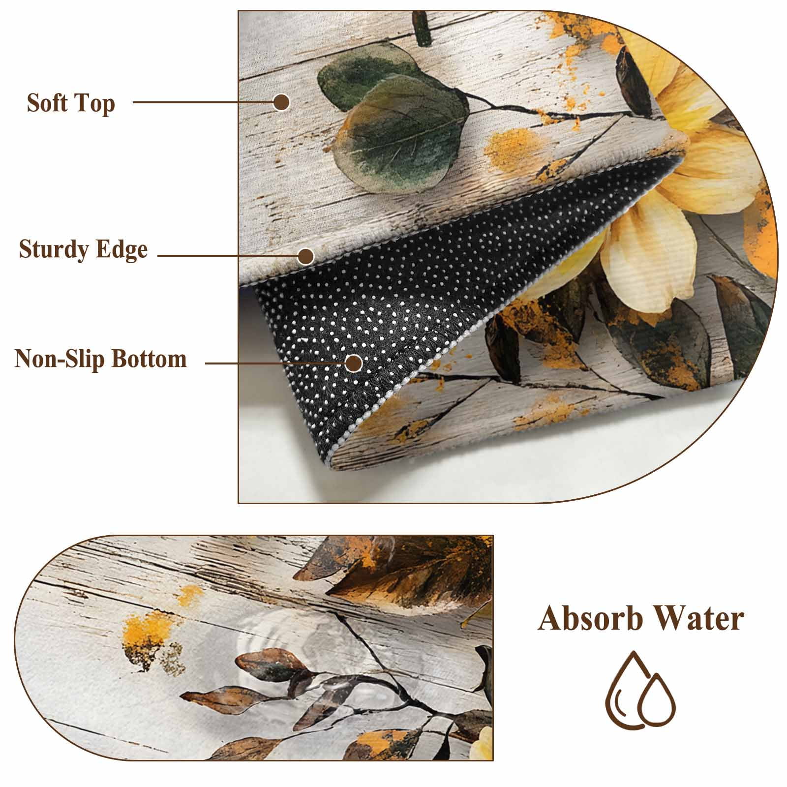 Yellow Floral Spring Area Rugs 6x9 for Living Room, Summer Rustic Botanical Vintage Wood Non Slip Washable Rug Runner, Low Pile Indoor Floor Carpet Mat Bathroom Rugs for Bedroom, Kids Room