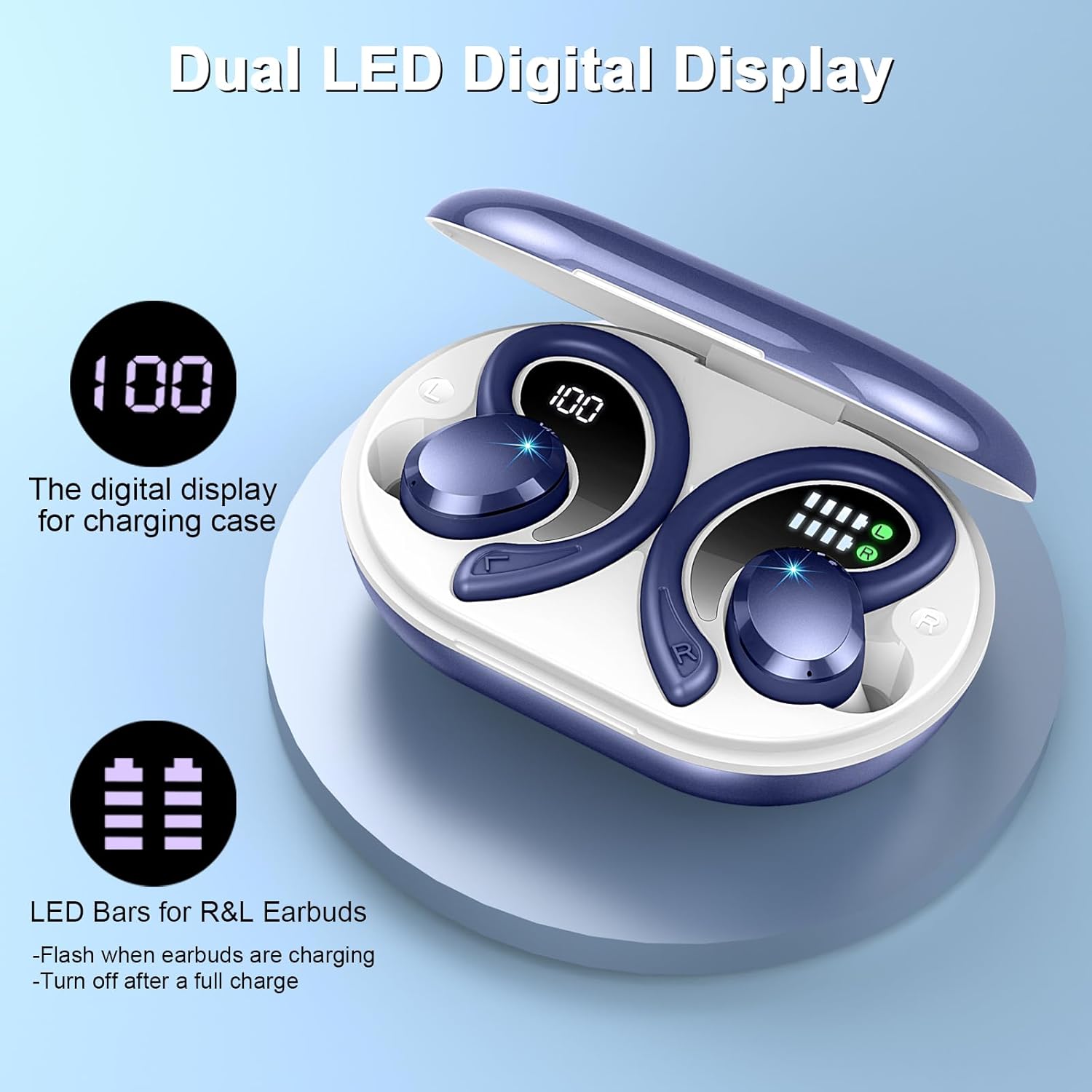Wireless Earbuds Hi-Fi Bass Stereo 56H Noise Cancelling IPX7 Waterproof Sport Earphones with Earhook-Royal Blue
