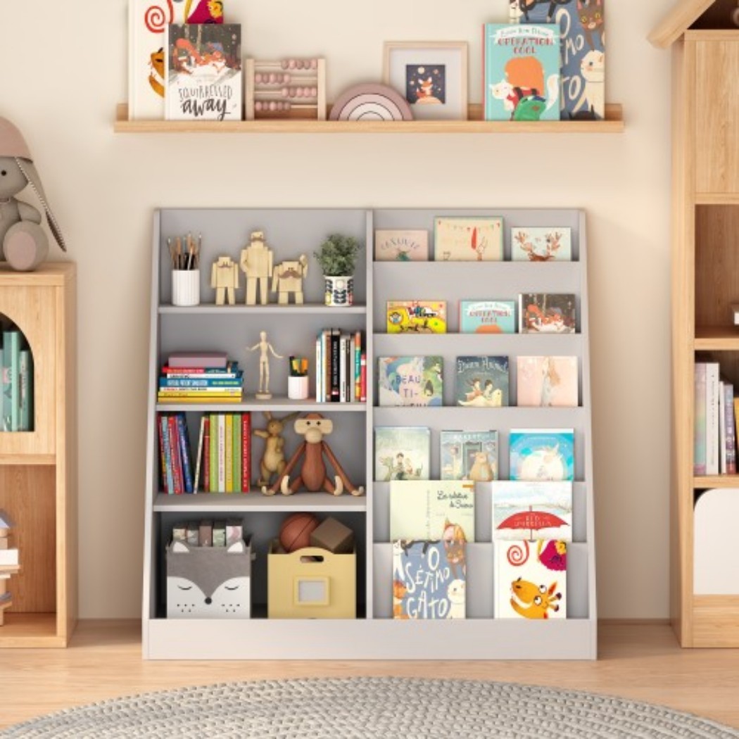 Kids Bookshelf and Toy Storage Organizer, Wooden Kids Bookcase with Multi-Level Shelves & Toy Storage, Children's Book Display Stand for Playroom, Nursery & Kids Room, Gray