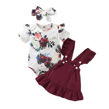 

Summer Baby Suit Flower Print Short-sleeved Halo Suit + Strap Skirt + Headband Three-piece