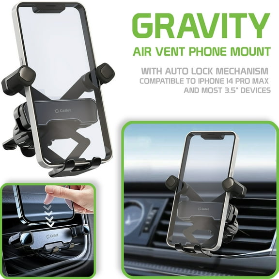 Cellet Gravity Phone Mount, Air vent Phone Mount with Auto Lock Mechanism Compatible with iPhone 15 Pro Max and most 3.5" devices