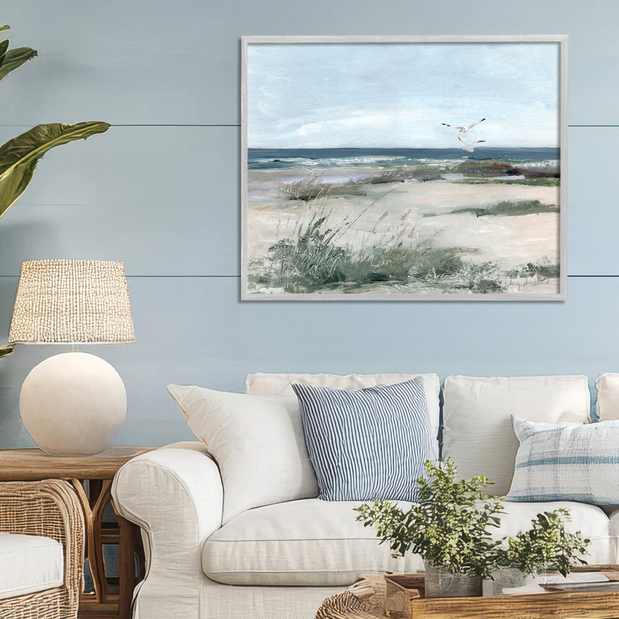 Stupell Industries Seagull Pair over Waves Gray Framed Giclee Art, design by Sally Swatland