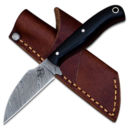 Knives Ranch EDC Fixed Blade Knife Tanto Point Damascus Steel Black Burlap Micarta Handle Crossdraw Cowboy Sheath (3186-M)