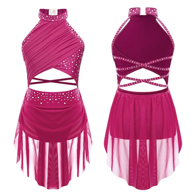 TiaoBug Robe de Danse Lyrique pour Filles Jupe Asymétrique à Sequins Col Licou Justaucorps de Patinage Artistique Robe Rose Vif 6