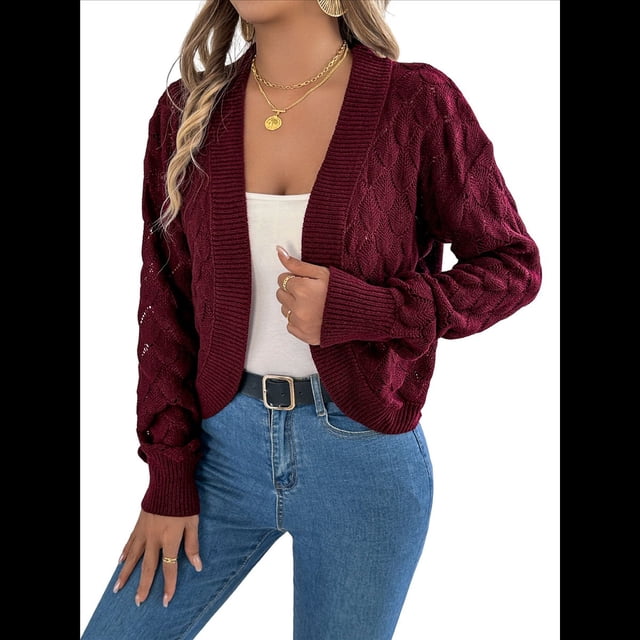 Suéteres Tipo Cárdigan para Mujer, de Crochet, con Frente Abierto, Chaqueta Corta, para Otoño e Invierno, con Mangas Farol. Vino Tinto L