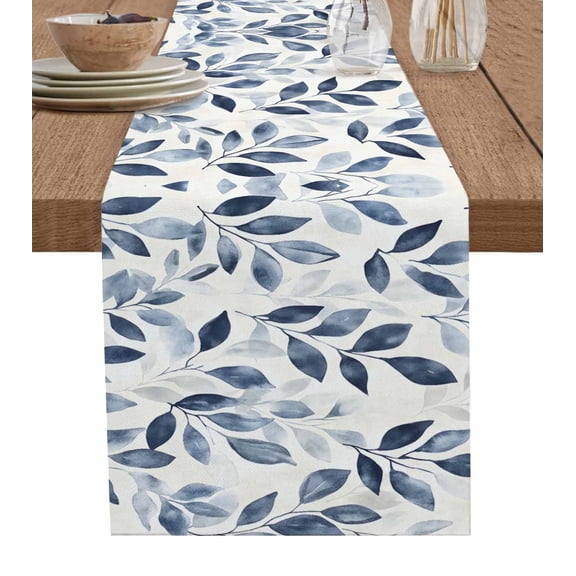 Navy Blue Botanical Table Runner 60 Inches, Pastoral Spring Leaves Watercolor Bed Runner Dresser Scarves Tabletop for Indoor Outdoor Parties/Ceremony/Banquet, 13" x 60"