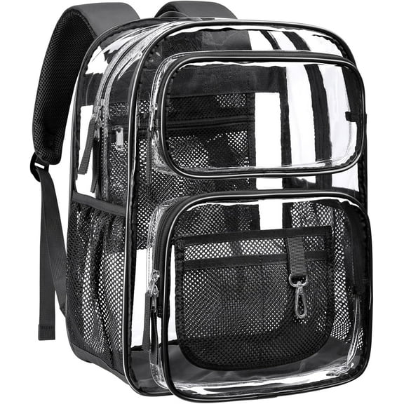 Clear Backpack for School - 17 inch Large Heavy Duty Clear Bookbag, See Through PVC Backpacks (for age 12 above) - Black