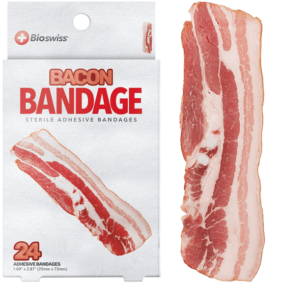 BioSwiss Bandages, Bacon Shaped Self Adhesive Bandages, Latex Free Sterile Wound Care, Fun First Aid Kit Supplies for Kids and Adults, 24 Count
