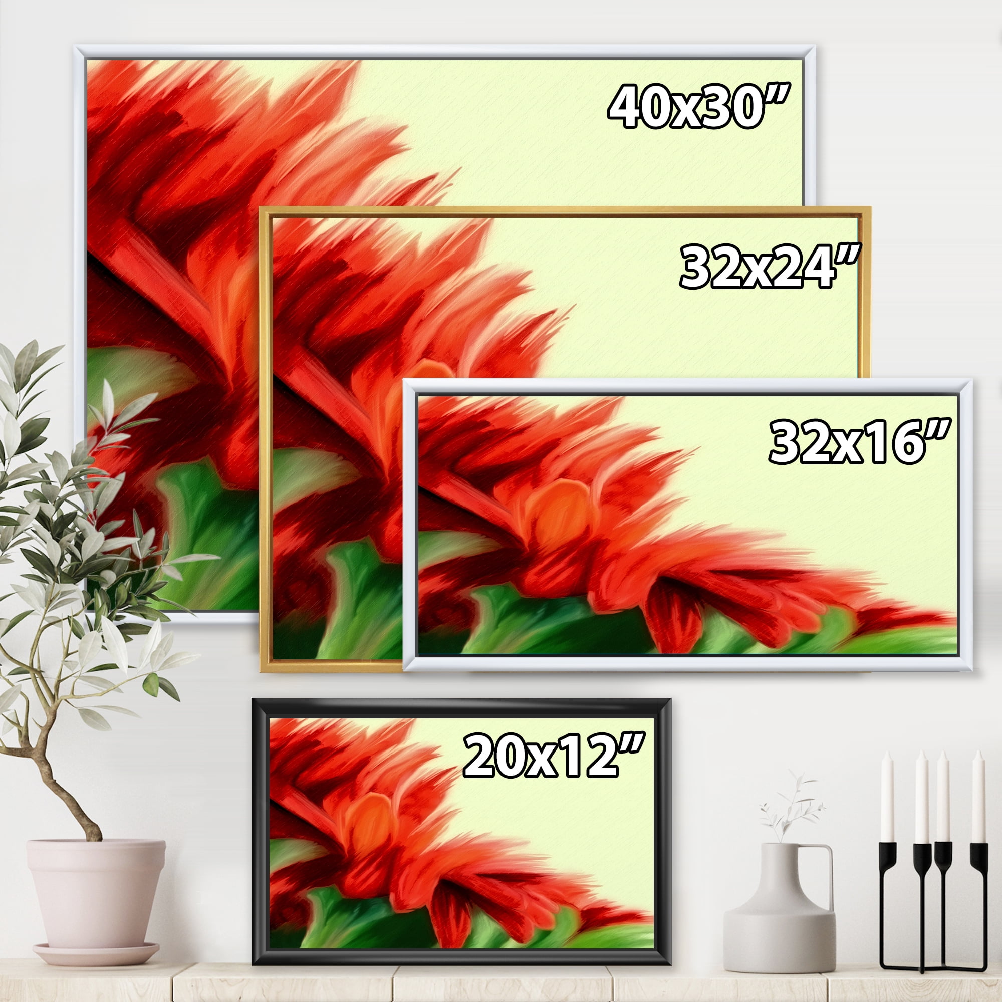 Designart 'Red Floral Brush Strokes On Green' Traditional Framed Canvas Wall Art Print