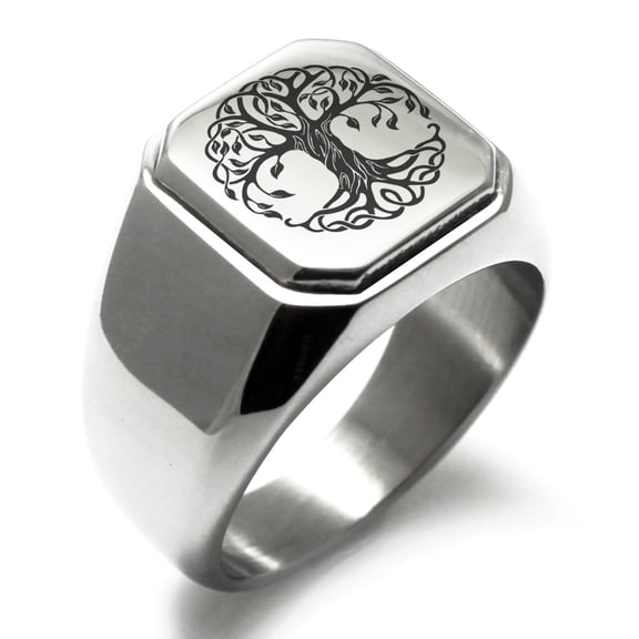Tioneer Stainless Steel Celtic Knot Tree of Life Engraved Square Flat Top Biker Style Polished Signet Ring