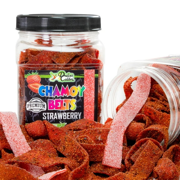Dulces Colibri - Premium Dry Chamoy Coated Strawberry Sour Belts | Mess Free | Made to Order | Authentic Bold Mexican Flavors |10 oz Jar | Mix & Match Eligible