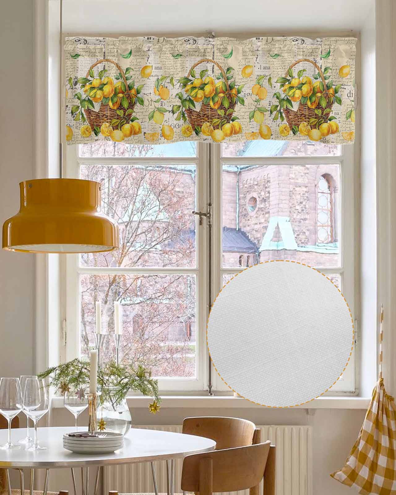 Rustic Lemon Linen Curtain Valance for Bedroom/Bathroom/Kitchen/Office/Living/Dining Room Window,Watercolor Retro Blooming Fruit Yellow Pocket Topper Drapes Decorative Cafe Drapery Panel 54"x18"