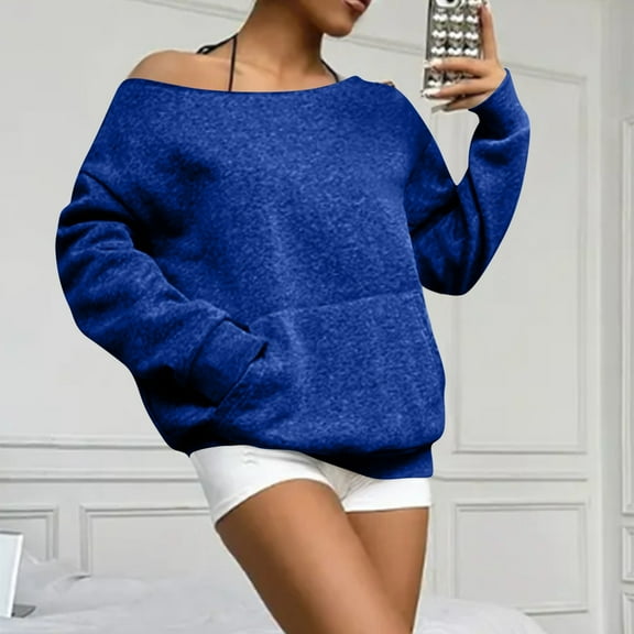 Resicozy Crewneck Sweatshirt for Women 2025 Off Shoulder Long Sleeve Oversized Trendy Plain Pullover Tops with Pocket Blue S