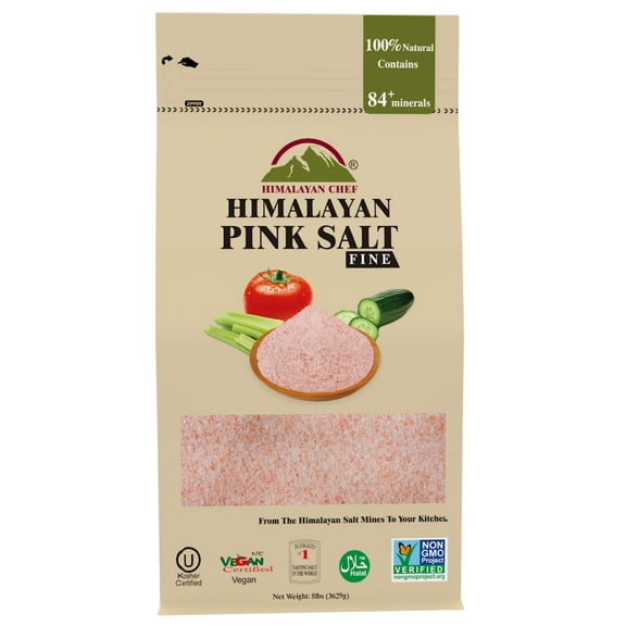 Himalayan Chef Himalayan Pink Salt, Fine Grain, 100% Natural & Organic, Vegan & Kosher Certified Pink Salt Bag, 8 lbs
