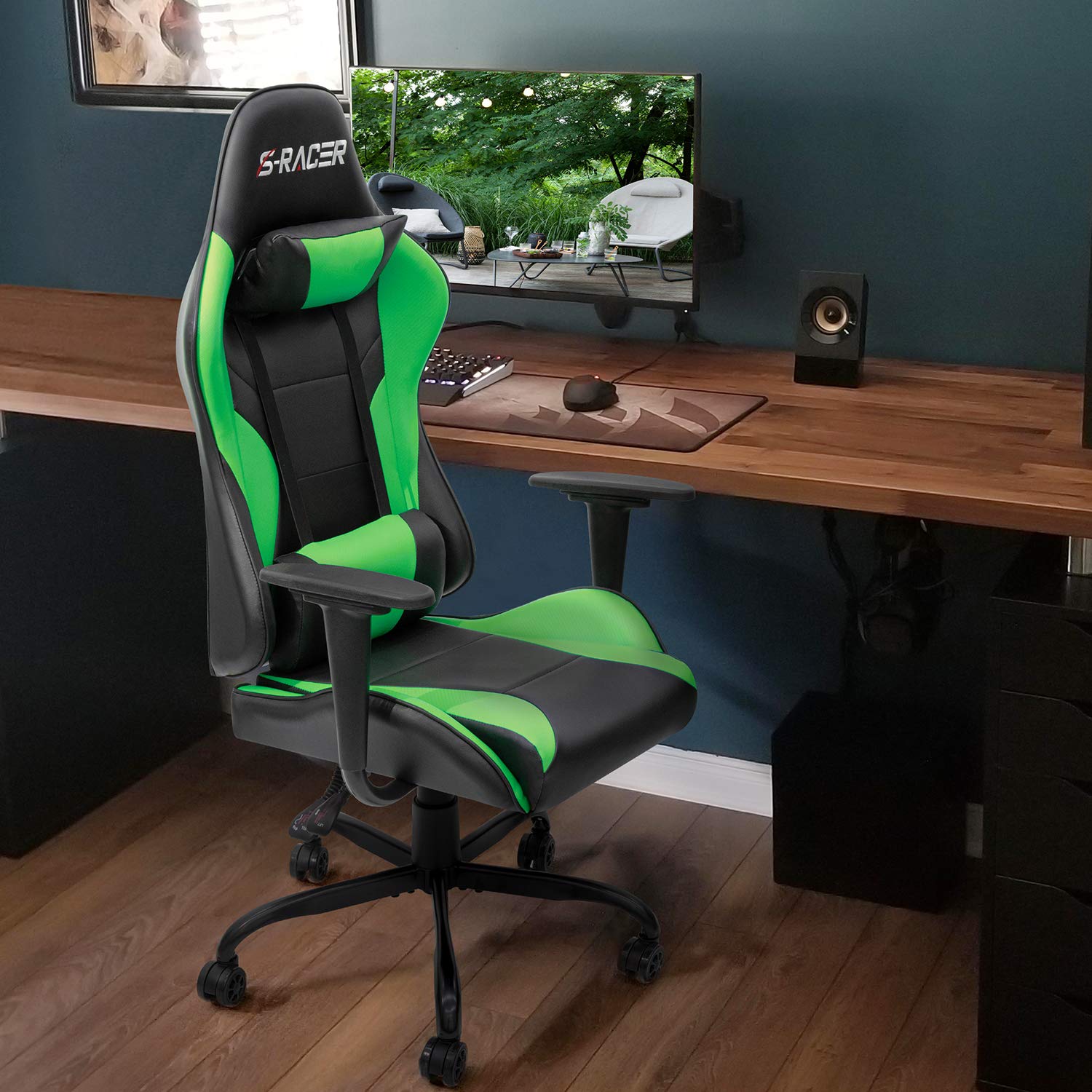 Lacoo Gaming Chair PU Leather Reclining Racing Style Ergonomic Office Chair with Headrest and Lumbar Support, Green - image 3 of 7