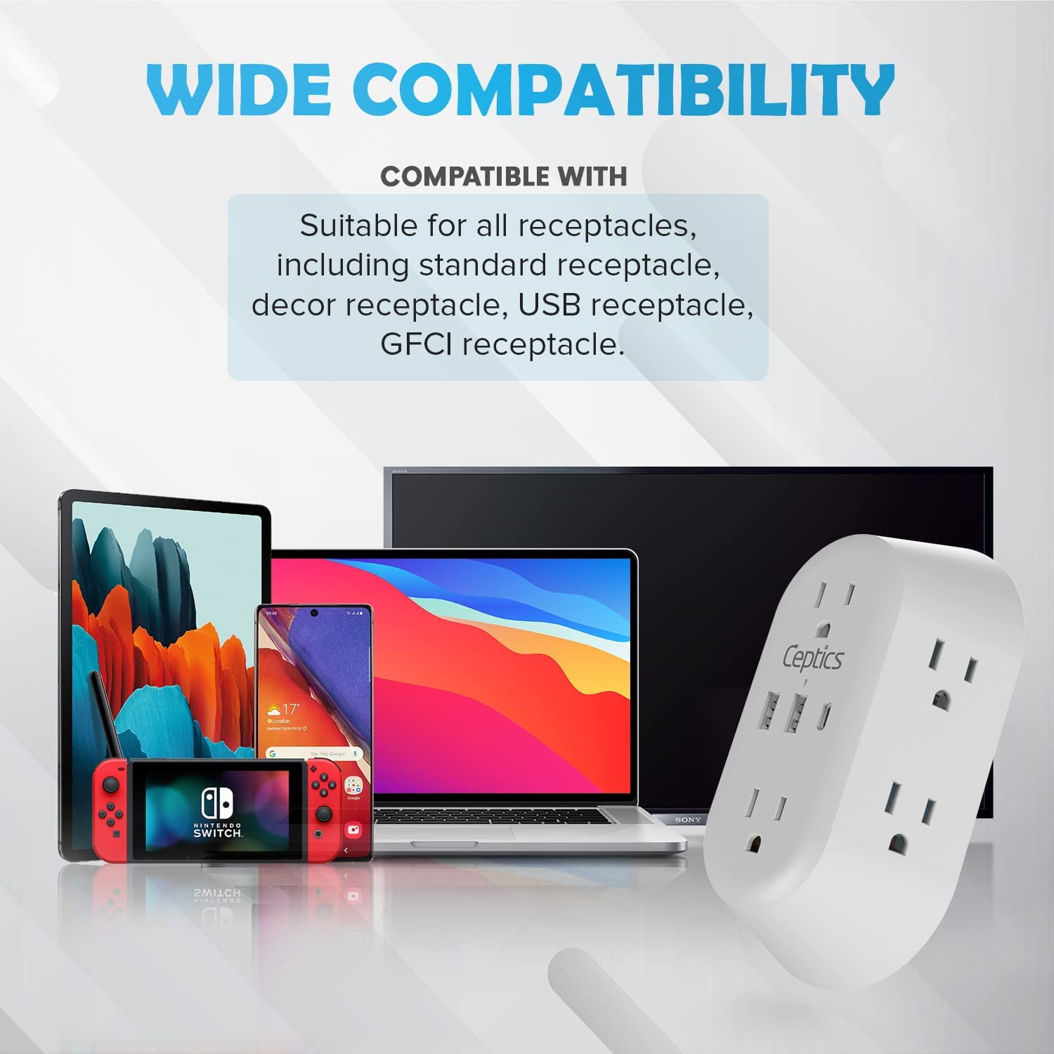 RGHJAR-20W Wall Power Strip Charger - Small & Compact - Surge Protector 1800J - Grounded Dual USB + USB-C PD & QC 3.0-6 USA Outlets Input (20W)