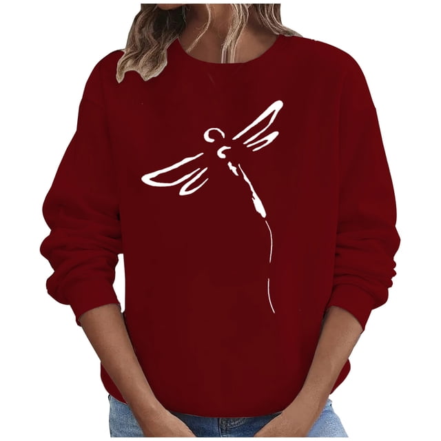 Penkiiy Blouses pour Femmes Hauts d'Automne Manches Longues Chandail Ample Chemise Décontractée Imprimé Poitrine Col Rond Chandails en Molleton Vin Vêtements Y2K
