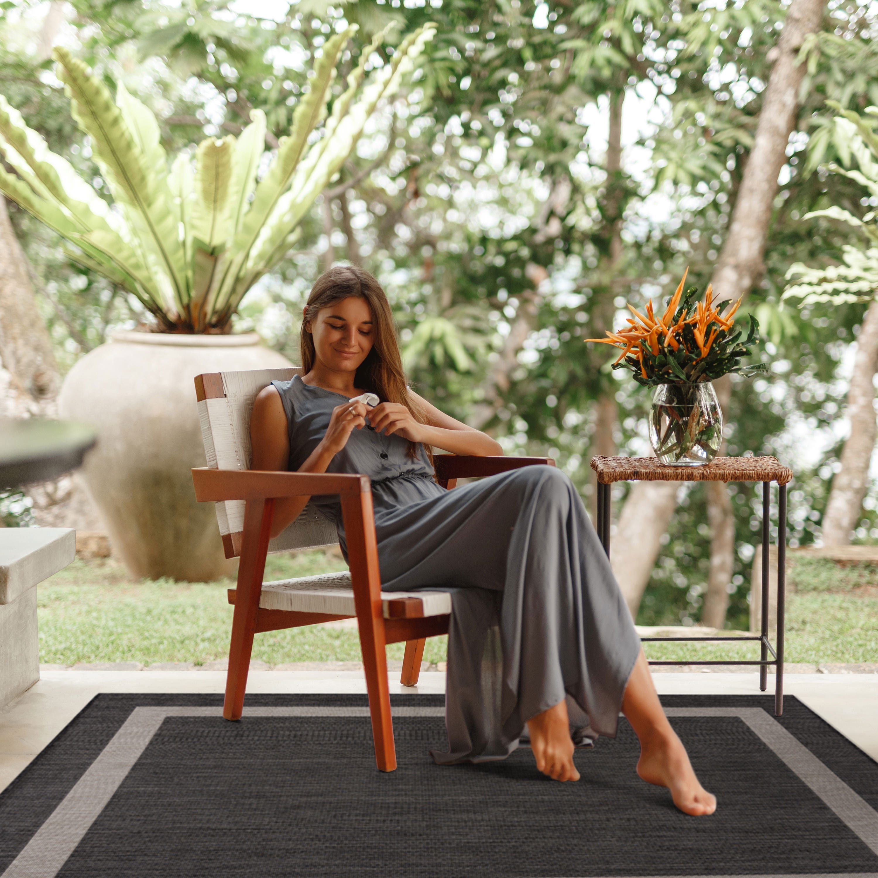 CAMILSON Bordered Washable Indoor Outdoor Area Rug Dark Grey 8 x 10