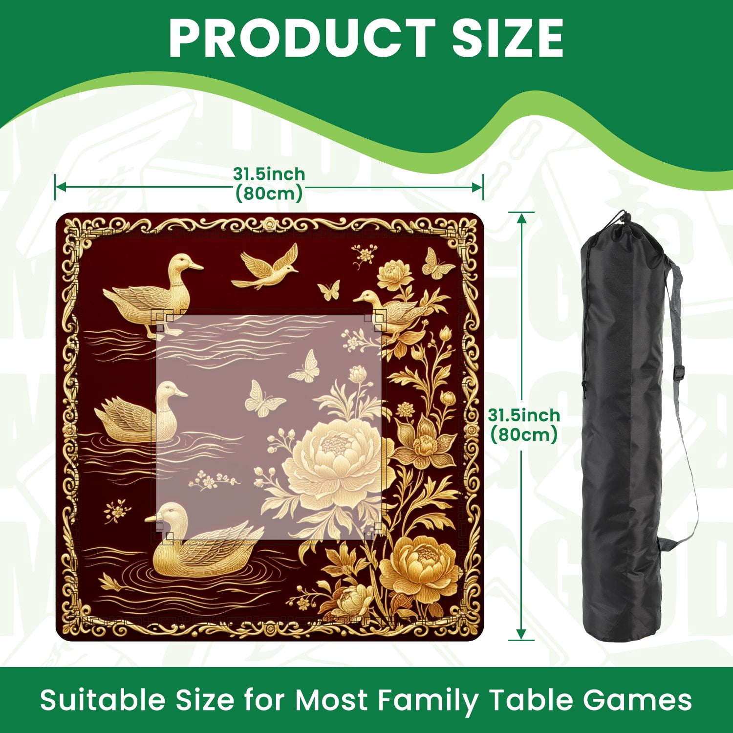 Mahjong Mat 31.5" x 31.5" Golden Ducks Peonies Butterflies Burgundy Non-Slip Noise Reduction American Mahjong Tiles Table Cover for Dominoes Poker Card Board Games Gift