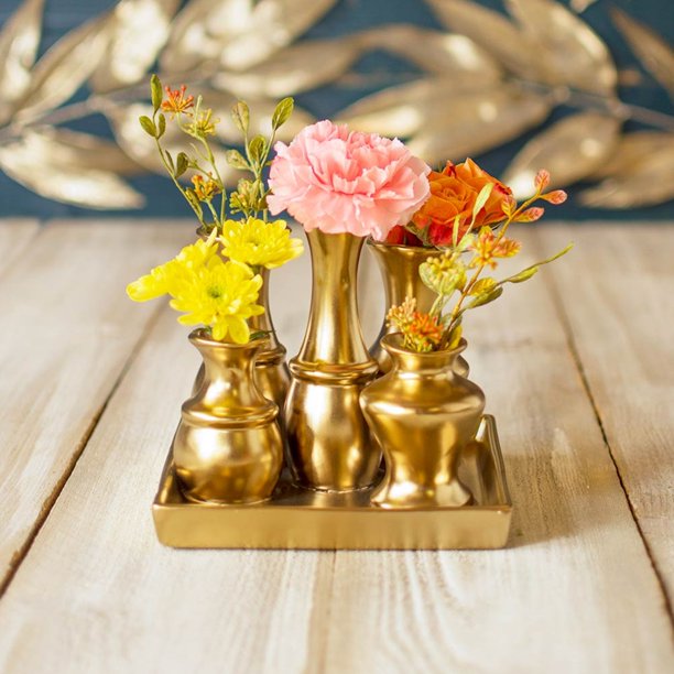 Vases Ceramic Vase Cluster on Tray Set Square Bud Vase Centerpiece Gold