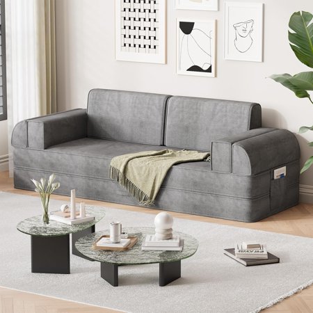 Convertible Futon Sofa Bed Queen, DIY Multi-Style Lounge Chaise Single/Double Bed, Folding Sleeper Chair with Pillows, Armrests and Side Pockets, Fold Out Foam Couch Floor Mattress - Dark Grey
