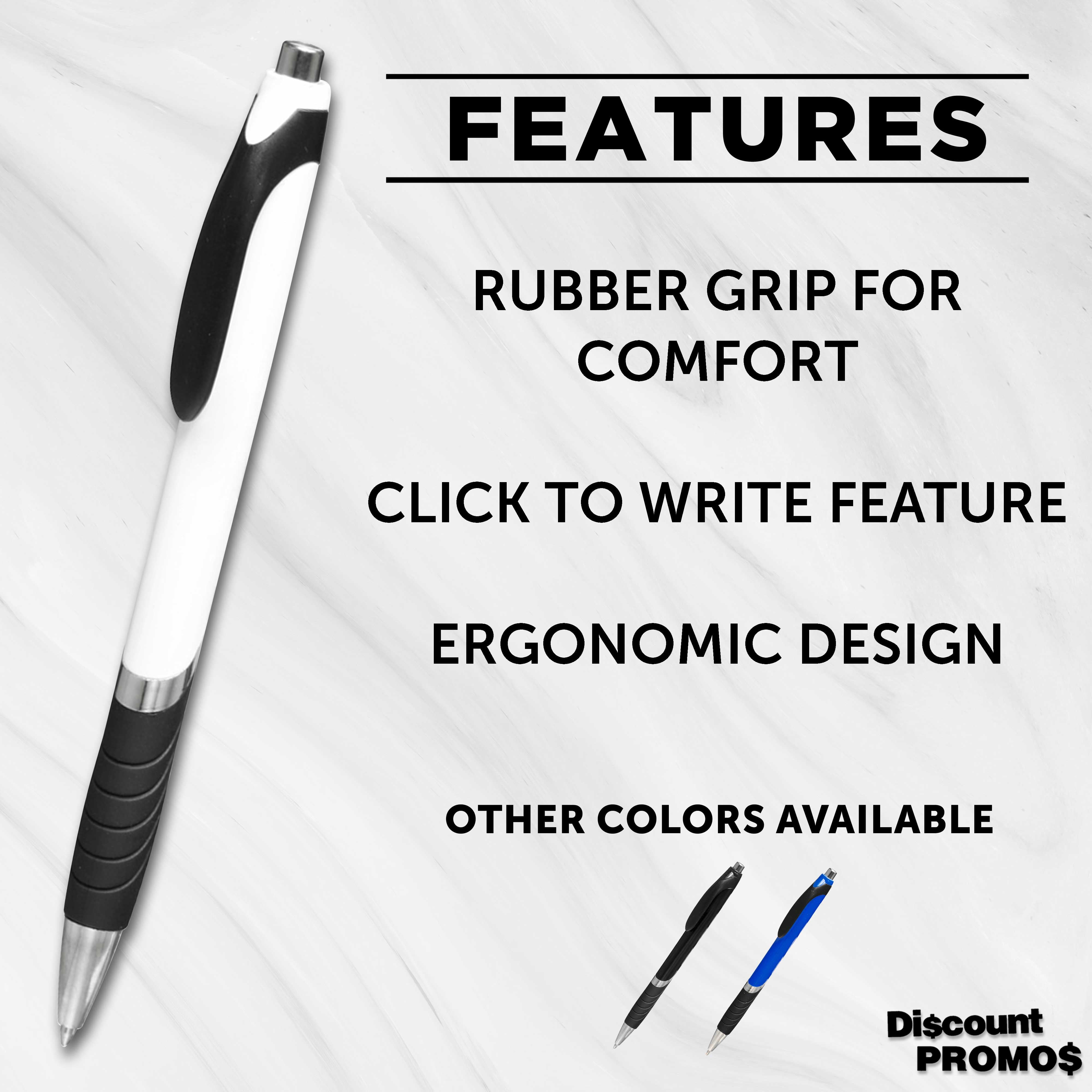 Ballpoint Pens With Rubber Grip - 10 pack - Black Ink Ball Point Pen with Soft Touch Plastic - White