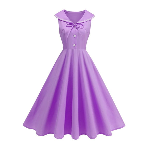 Women 50s 60s Vintage Sleeveless Cocktail Swing Dress Cute Collared Audrey Hepburn Midi Evening Rockabilly Dress
