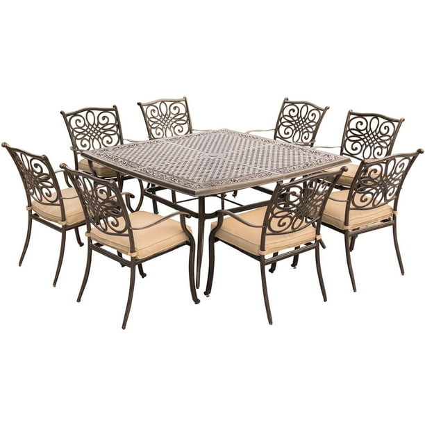 Hanover Outdoor Traditions 9-Piece Dining Set with Large Square Table ...