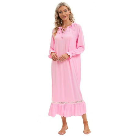 

WBQ Long Nightgowns for Women Soft Night Gown Long Sleeve Sleepwear Victorian Loungewear Pink Tag M/US 8