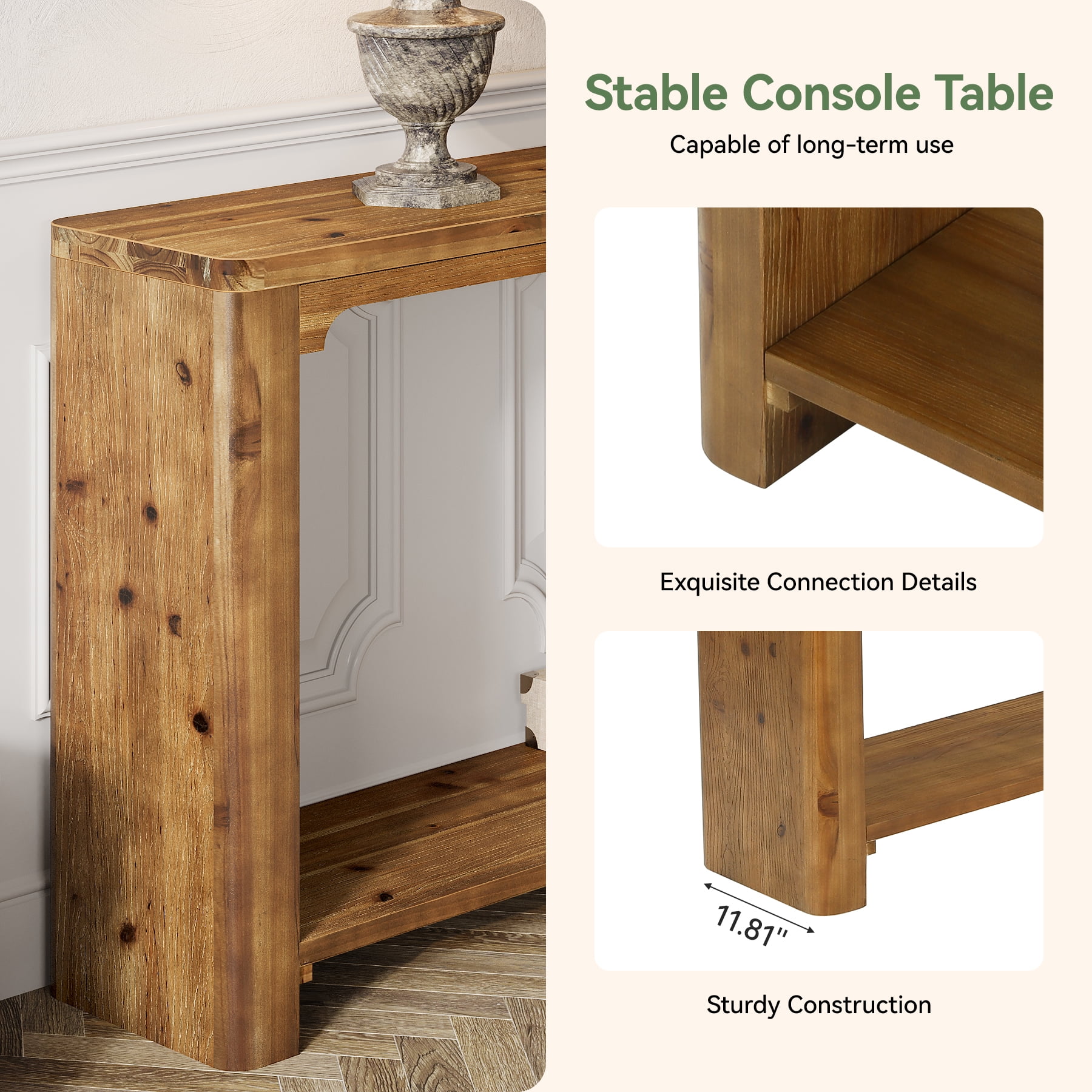 TRIBEWOOD 63" Solid Wood Console Table, Farmhouse Entryway Table for Living Room