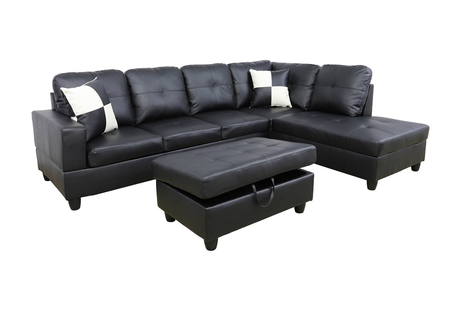 PonLiving Furniture Black Faux Leather 3 Piece Sectional Sofa Couch Set, L-Shaped Modern Sofa with Chaise Storage Ottoman for Living Room Furniture, Right Hand Facing