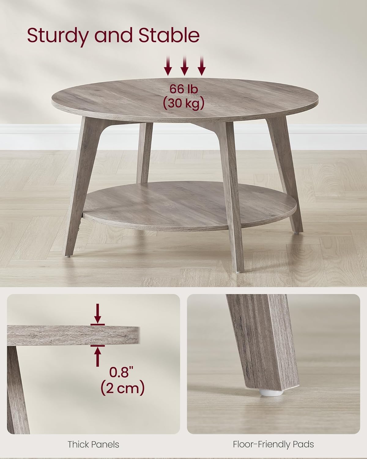 VASAGLE Round Coffee Table, 2 Tier Coffee Table with Storage, for Living Room, 31.5 x 17.7 Inches, Easy to Assemble, Heather Greige