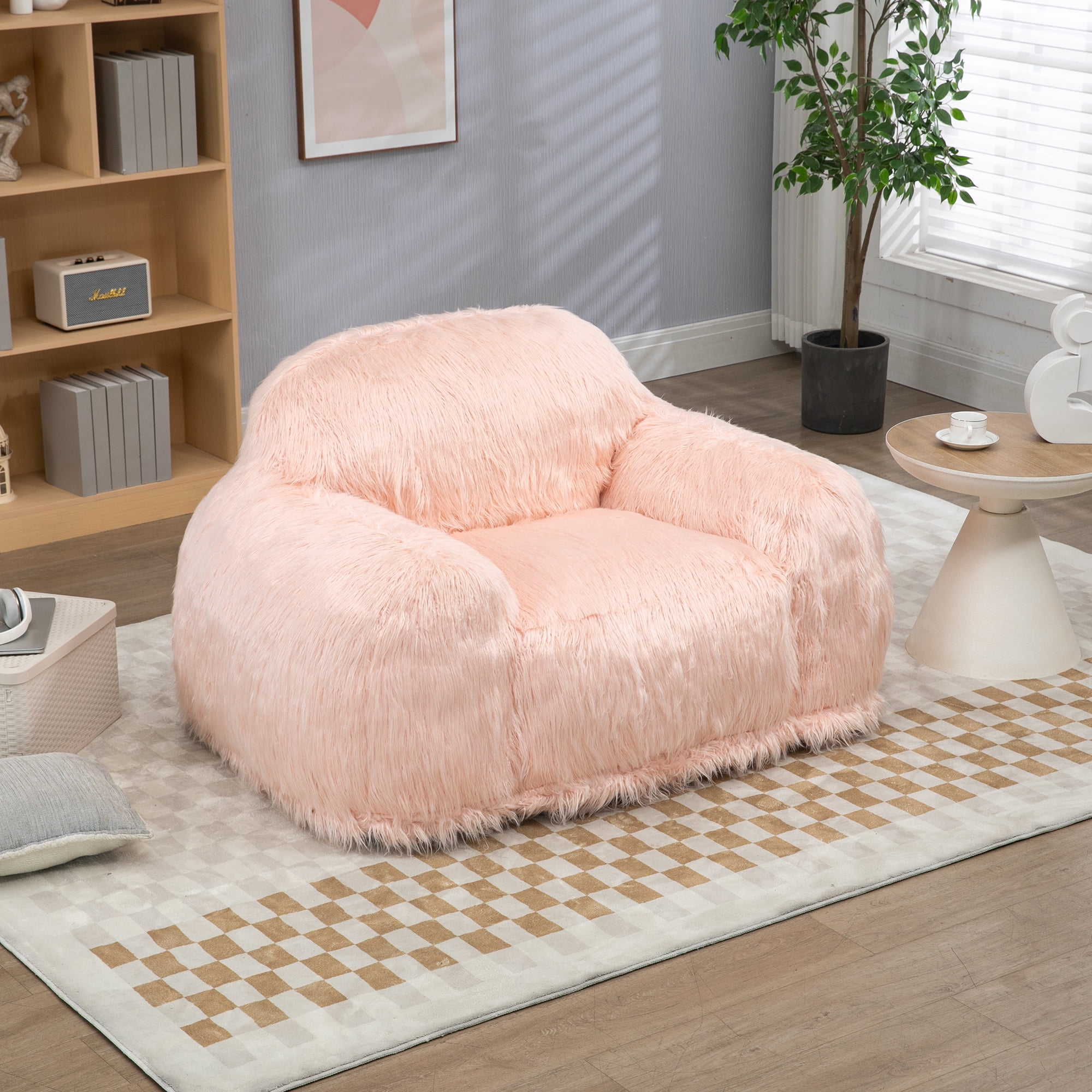 Large Comfy Faux Fur Bean Bag Chair, Modern Soft Fluffy Plush Chair Lazy Sofa with Footrest, Armrests and High Density Foam Padded for Adult, Teen, Pink