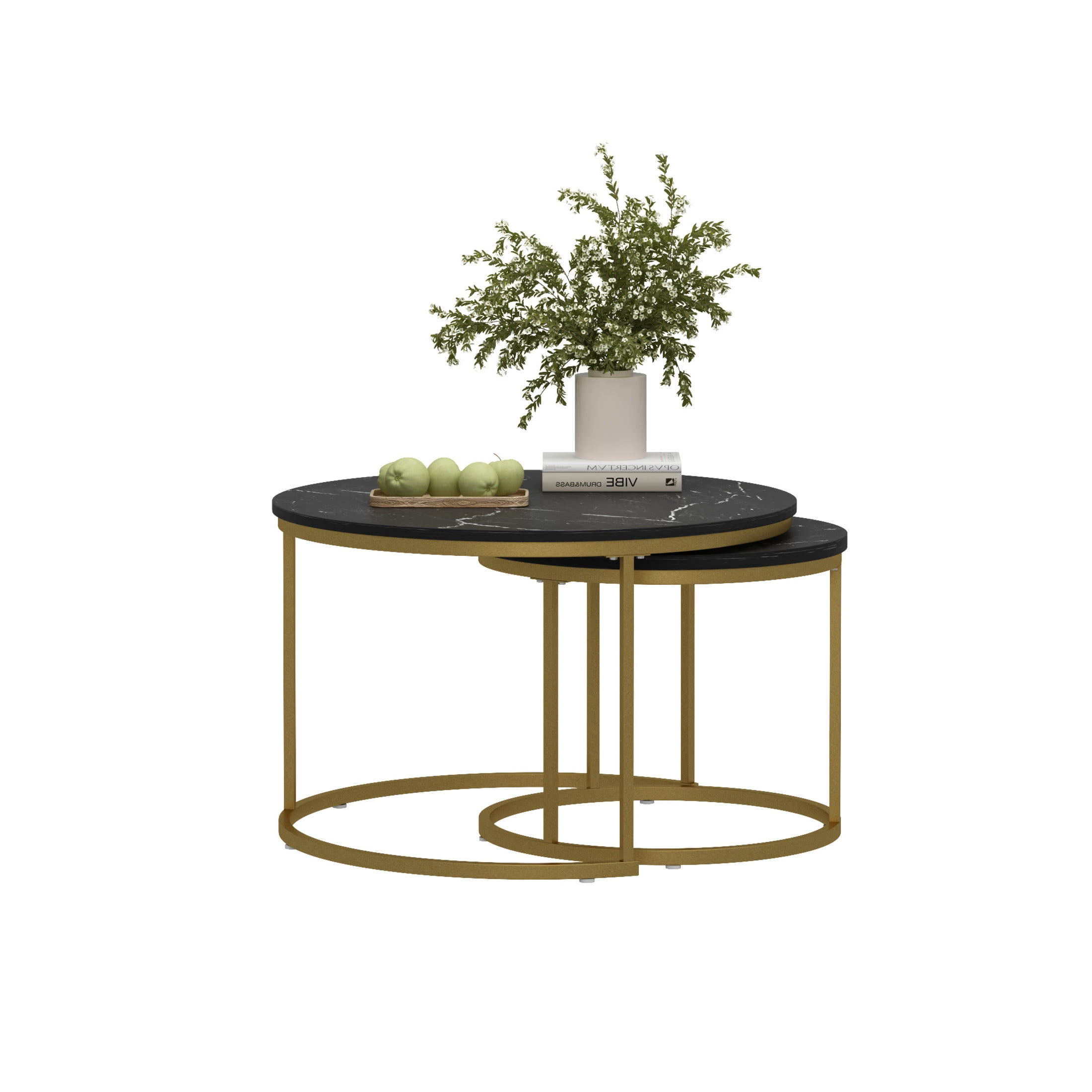 Noble House 27.6" Round Nesting Coffee Table with Marble Top, Wooden Side End Tables for Living Room, Black, Set of 2