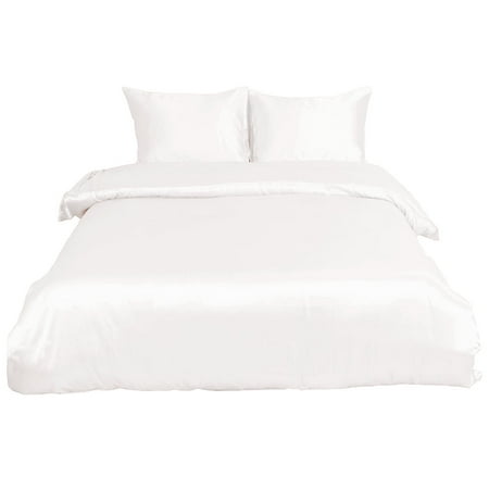 Silk Quilt Bedding Unique Bargains Home Bedroom Silk Satin Bed Blanket/Quilt/Duvet Cover Set Super King White ()