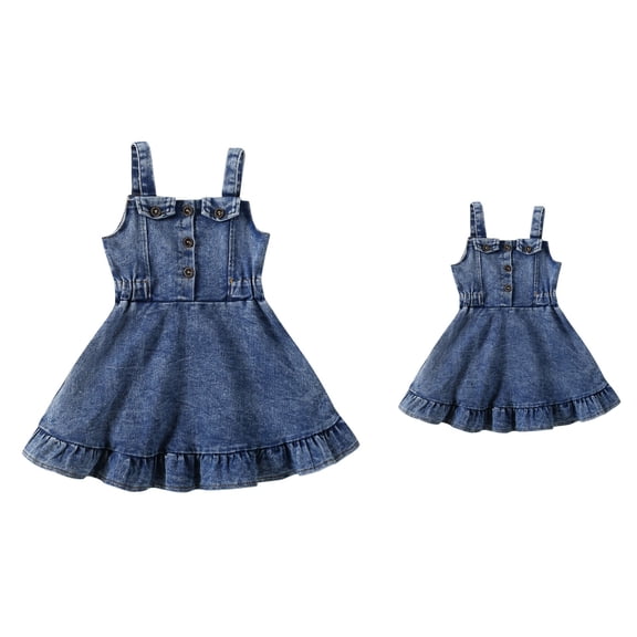 Toddler Girls Sleeveless Summer Sundress, Denim Jean Skirt with Ruffles, Strap A-line Pleated Layered Flowy Princess Dress