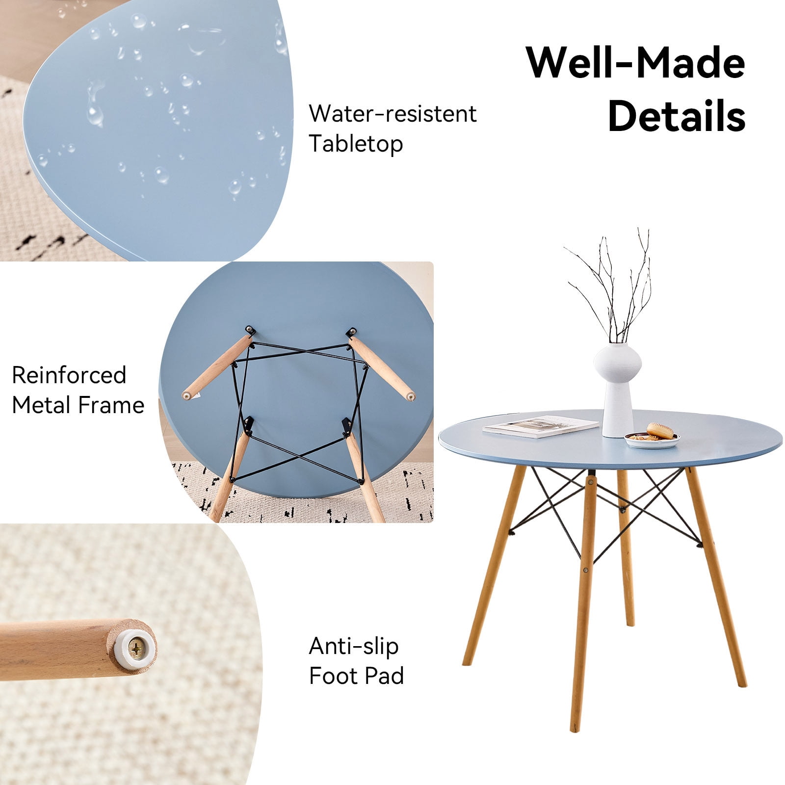 5 Piece 31.5'' Round Dining Table Set for 4, Kitchen Table & Chairs Set of 4, Mid-Century Modern Table W/ 4 Chairs for Home, Living Room, Apartment, Wood Legs, Metal Frame, Blue