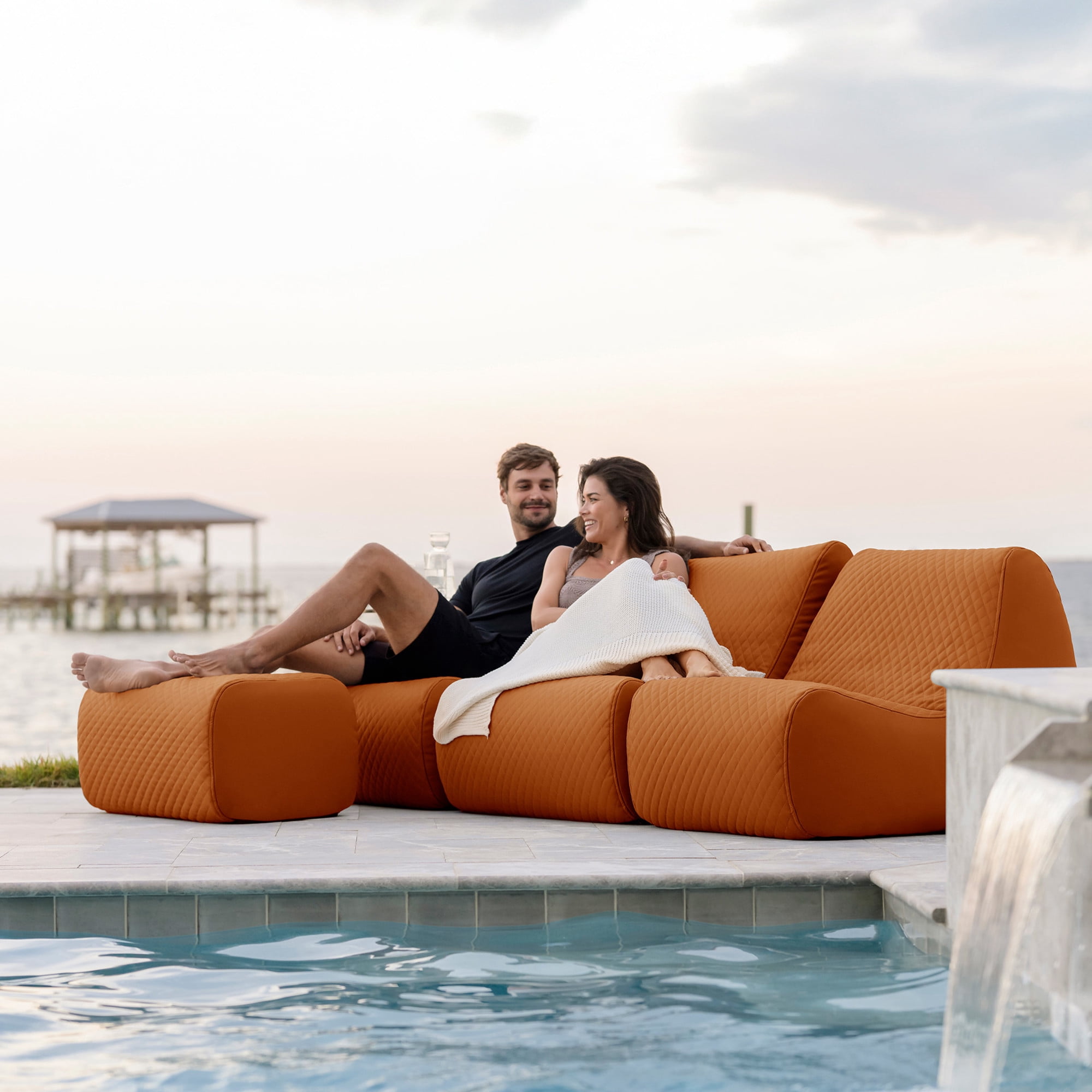 Big Joe Solvana Outdoor Sectional, 4 Piece Patio Furniture Set, Weather-Resistant Cool Touch Silicone Stitched Leather Sofa, Honey Sand