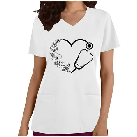 

Ecqkame Women Scrubs Top Clearance Women s Fashion Short Sleeve V-Neck Tops Working Uniform Printing Pocket Blouse Tops White XL