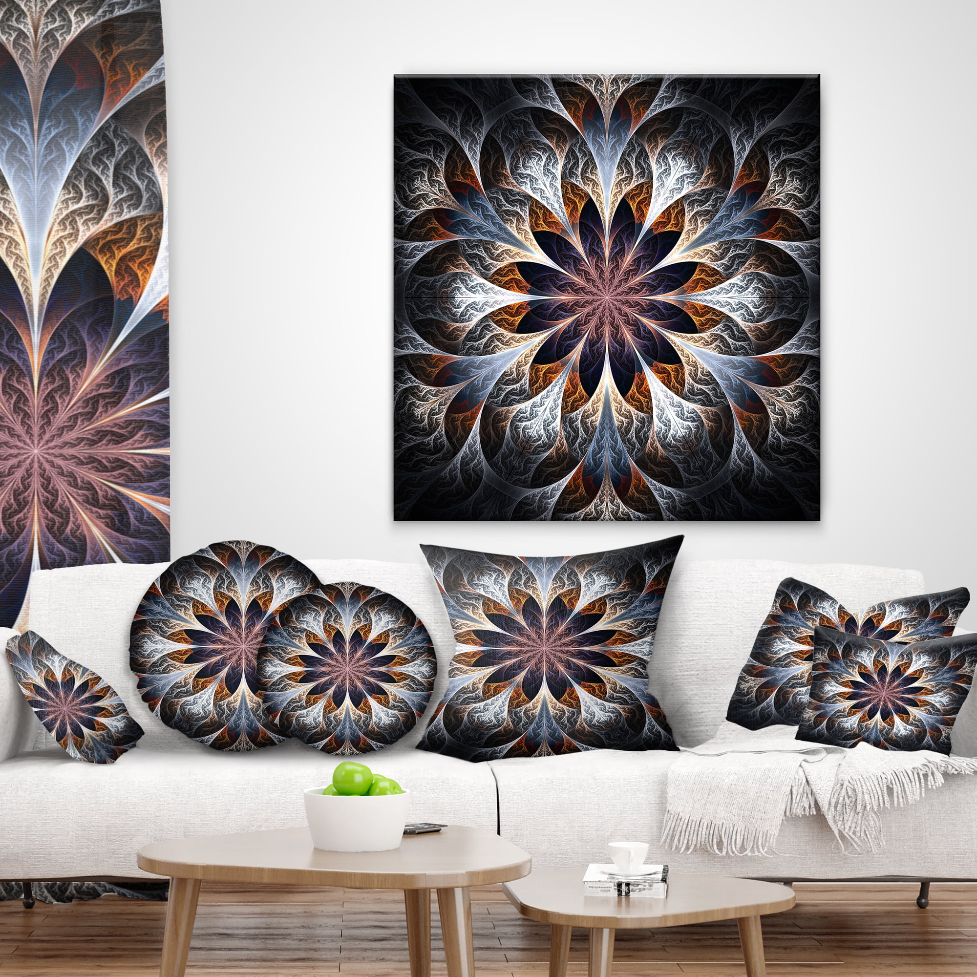 Designart Gray Brown Digital Art Fractal Flower - Floral Throw Pillow - 18x18