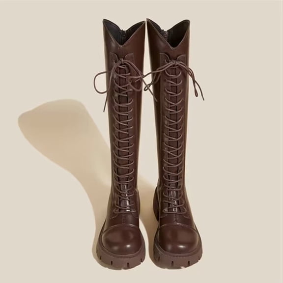 XIMIN Girls Mid Calf Wedges Chunky High Heel Round-Toe Knee High Boots Kids Lace up Non Slip Thick Sole Height Increasing Riding Shoes Leather Side Zipper Boots