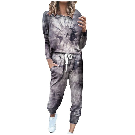 2 Piece Plus Size Outfits for Women Trendy Tie-Dying Casual Cotton Loungewear Set Long Sleeve Crew Neck Top Jogging Pants Sweatsuit, Gray, XXXXXL