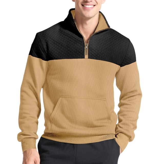 Camisas de Manga Larga Casual Color Sólido Empalmado Reversible Doble Bolsillo Cremallera Suéter Superior para el Trabajo