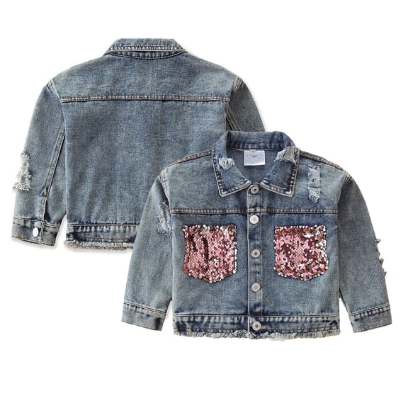 LYMAYTER Baby Toddler Girls Denim Jacket Coat Sequins Button down Jeans Long Sleeve Casual Outerwear 1-6Y