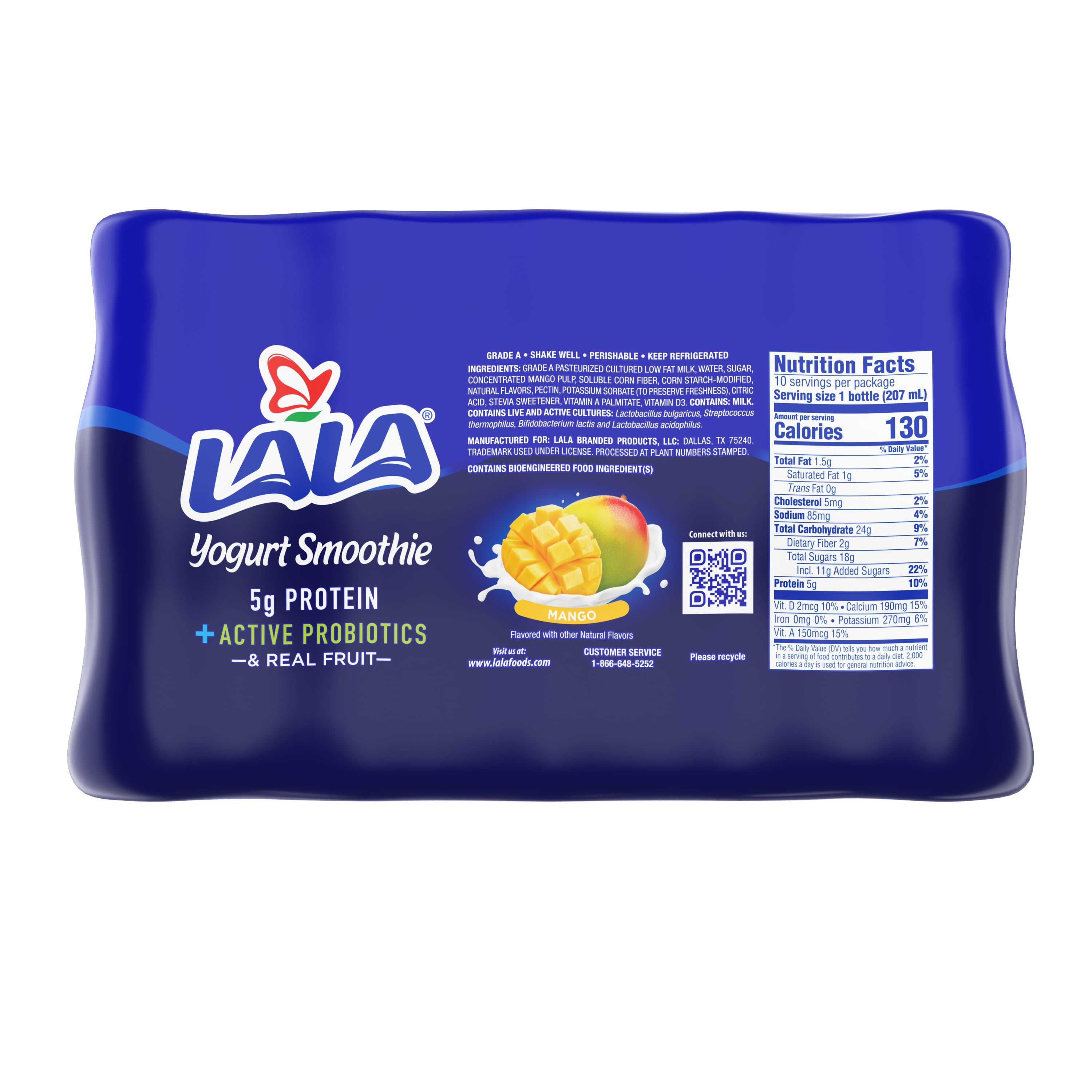 LALA Probiotic Protein Yogurt Smoothie Drink, Low Fat, Mango, 7 oz Plastic Bottle (10 Ct)