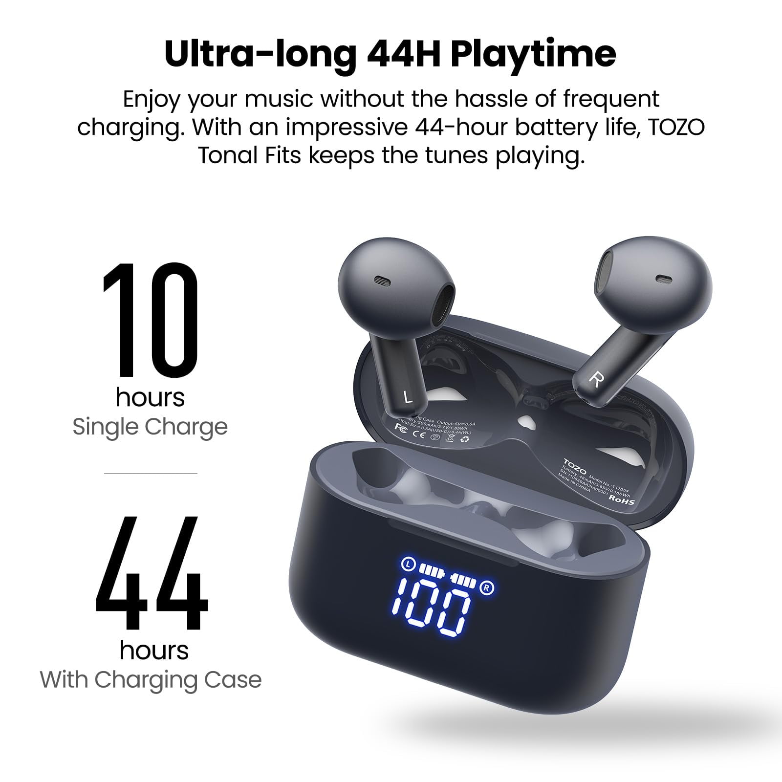 TOZO ANC ENC Wireless Earbuds Bluetooth 5.3 Headphones Stereo Ear buds IPX8 Waterproof in-Ear Earphones 44H Playback 2 DNS Noise Cancelling Mic Wireless Charging Case Dual LED Display for iOS Android