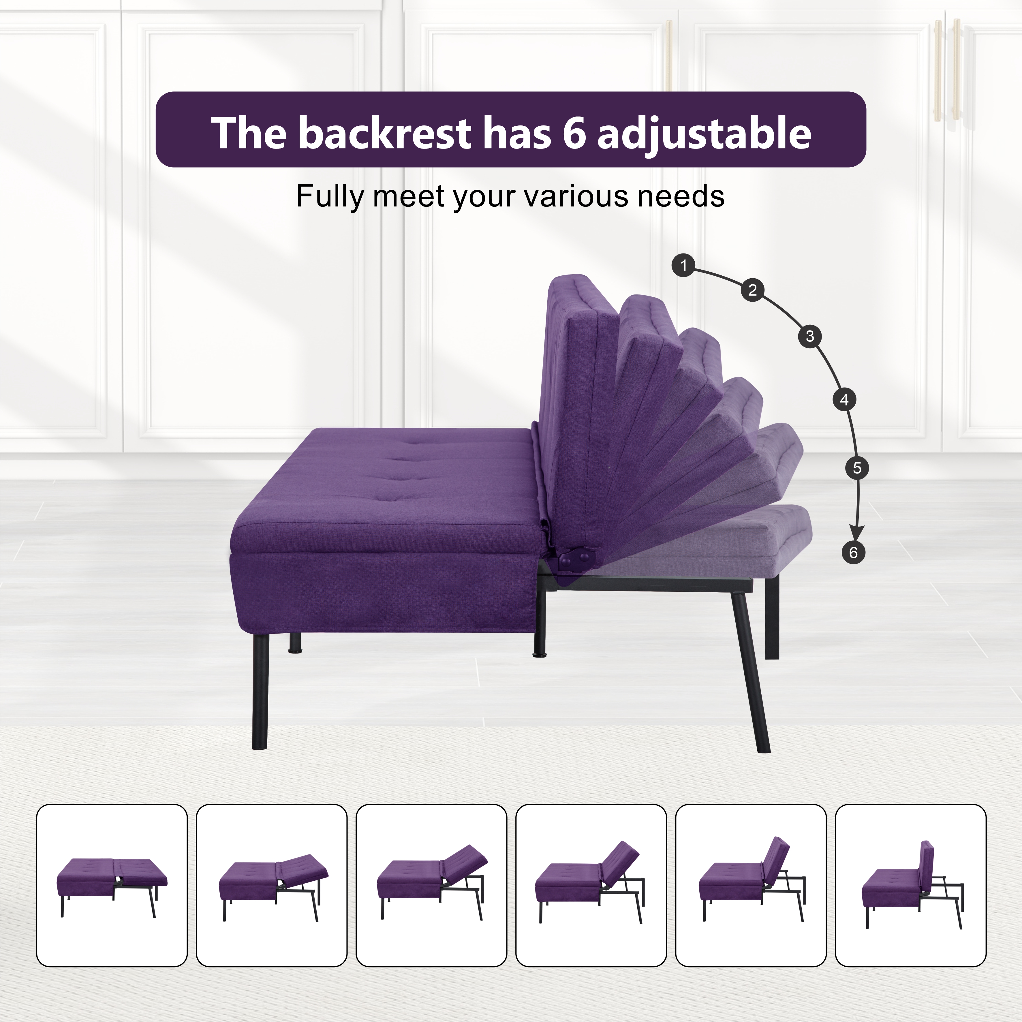 Gewnee 63" Modern Convertible Futon Sofa Bed, Pull-Out Sleeper with Adjustable Backrest(Purple)